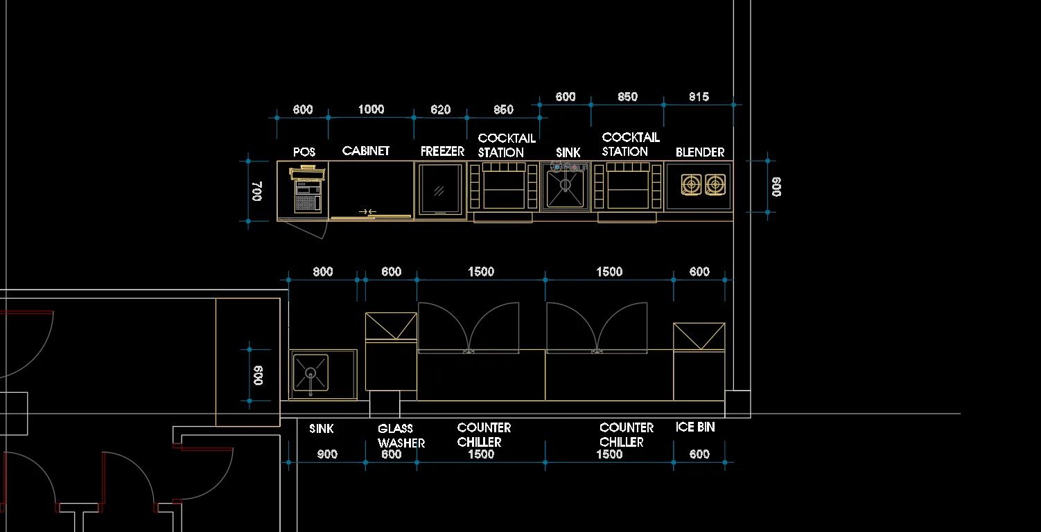Detailed equipment layout drawing for the grand cocktail bar