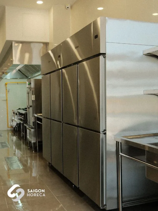 Bank of heavy-duty multi-door stainless steel commercial chillers and freezers at Sheh Fung