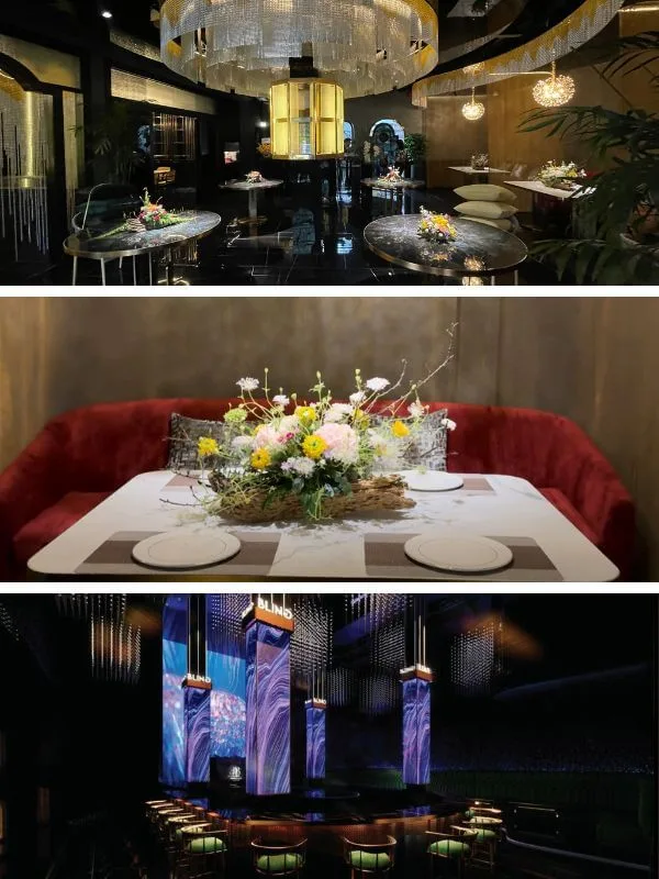 Em-Restaurant dining hall featuring crystal chandeliers, plush red velvet VIP seating, and a sleek lounge bar inside Bling Bling Club