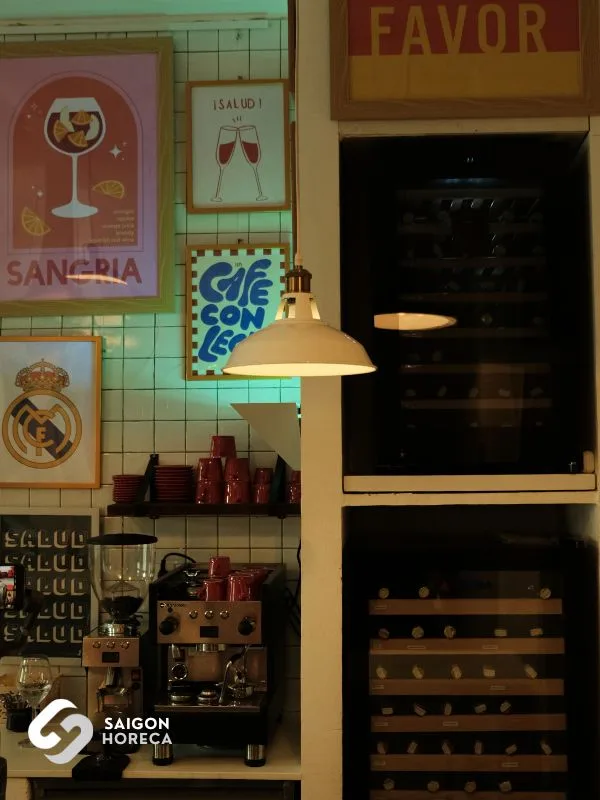 Wine & Coffee bar featuring a temperature-controlled wine cabinet and commercial espresso machine