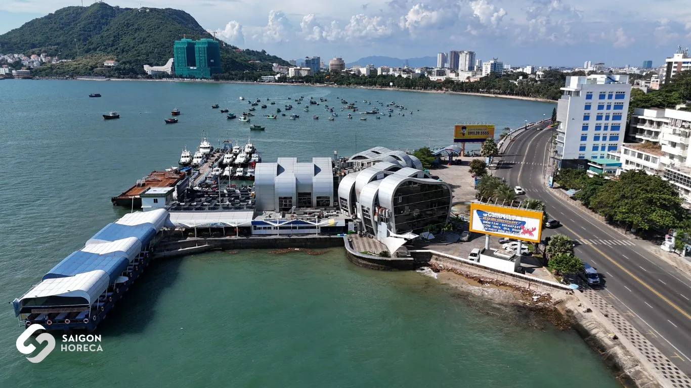 Flycam aerial overview of the Vung Tau waterfront seafood restaurant
