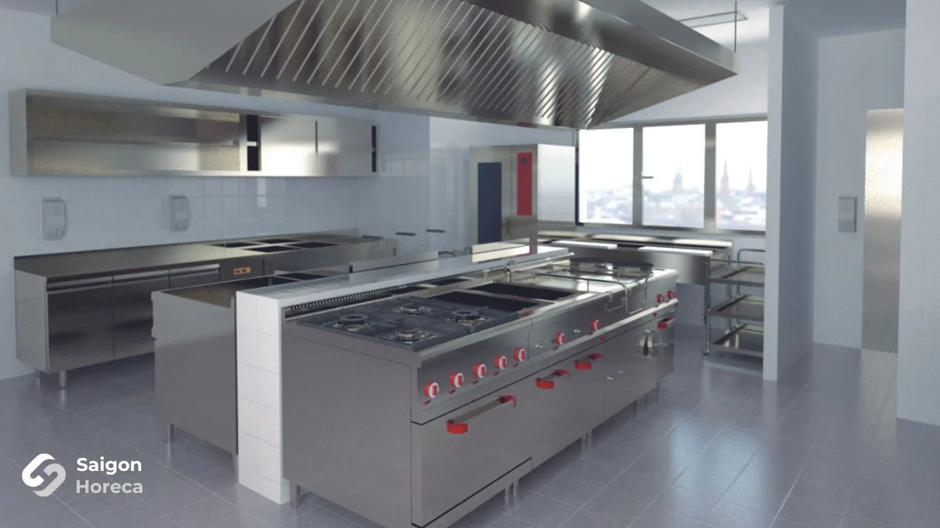 3D Perspective Rendering of Stainless Steel Commercial Hot Kitchen at GodMother Friendship