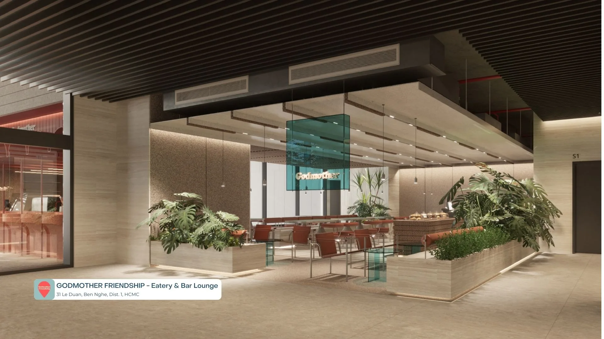 Overall 3D interior perspective combining wood and terrazzo at GodMother Friendship