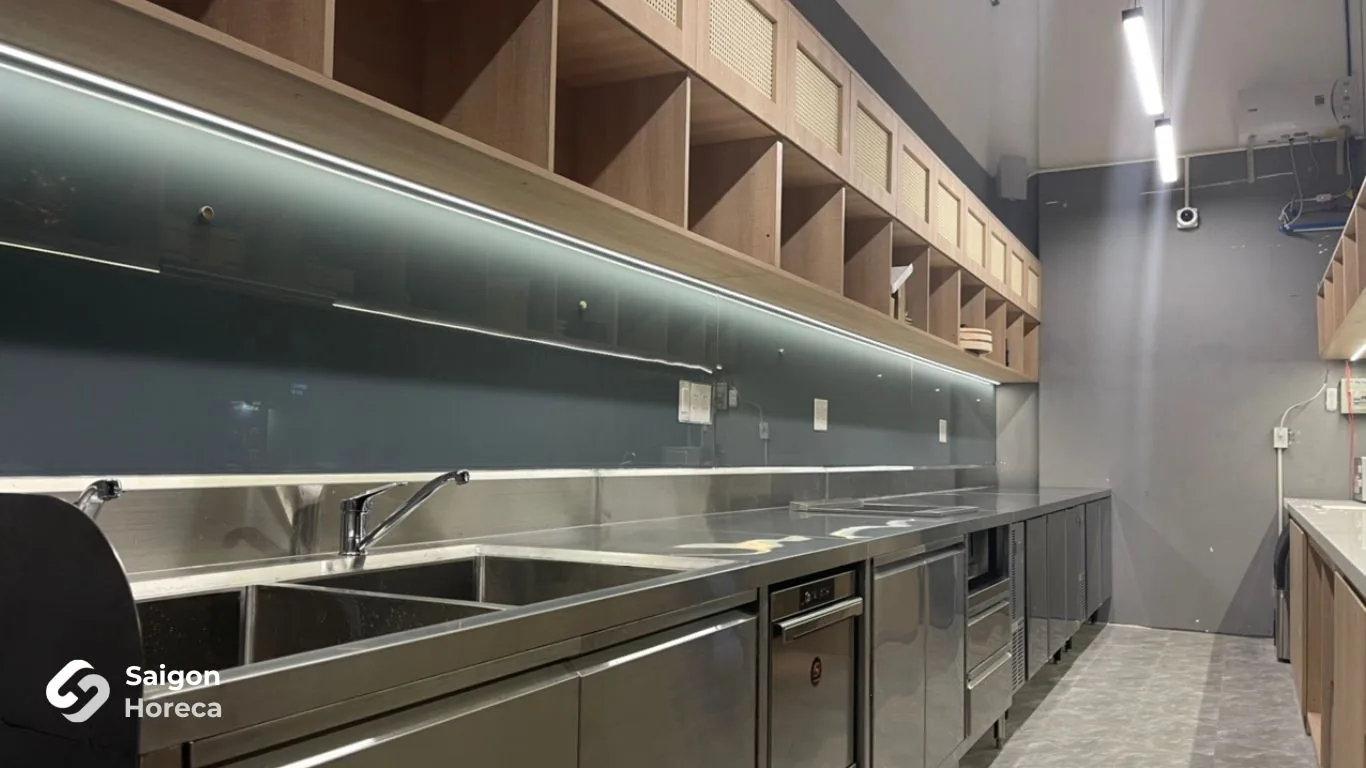 Premium Hoshizaki commercial refrigeration and custom stainless steel worktable suite at Heiwa Sushi - Saigon Horeca