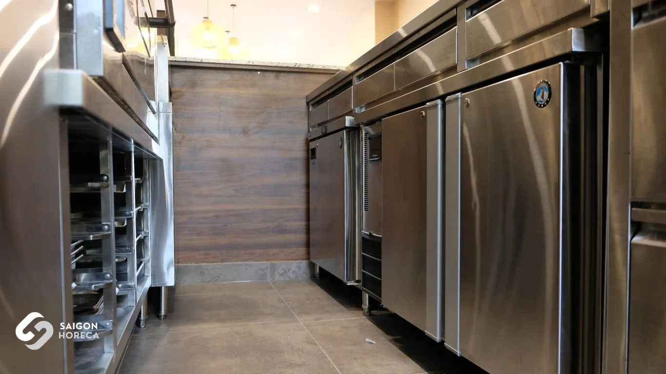 Stainless steel sheet pan racks and undercounter refrigeration at Hemma Desserts pastry kitchen