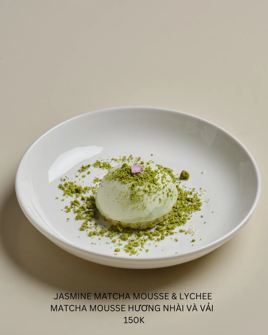 Jasmine matcha mousse & lychee – signature dessert at Moa Moa