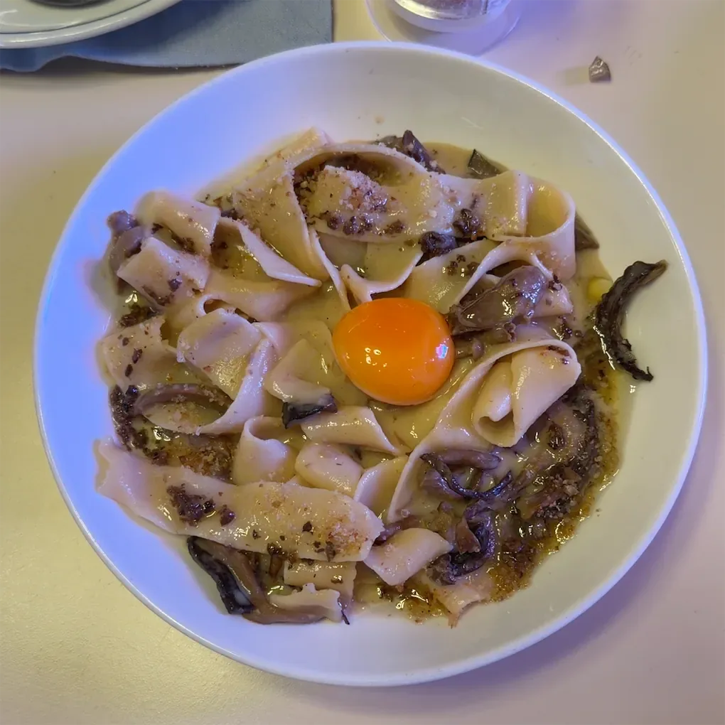 Handmade Pappardelle with fresh wild mushrooms and egg yolk at Moa Moa Pasta Club