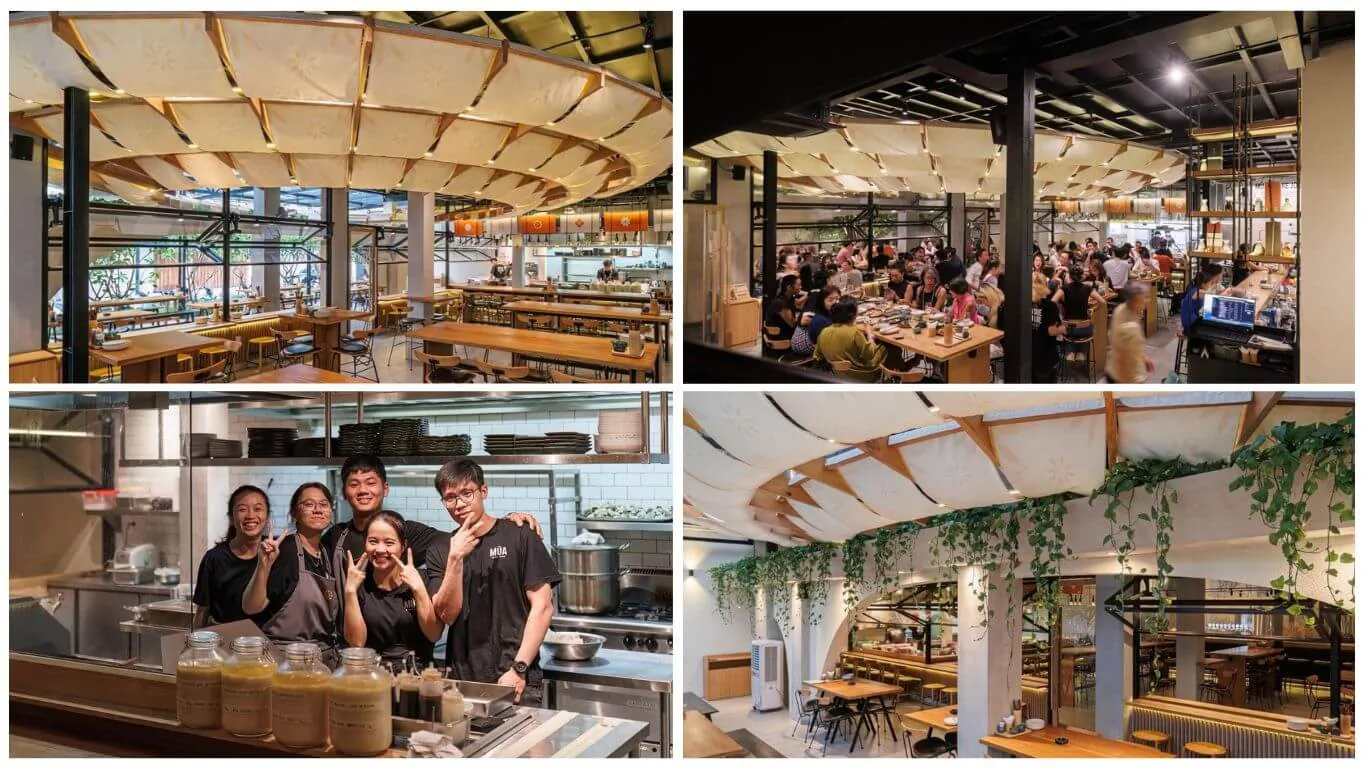Spacious, bustling food-hall dining space at Mùa Craft Sake
