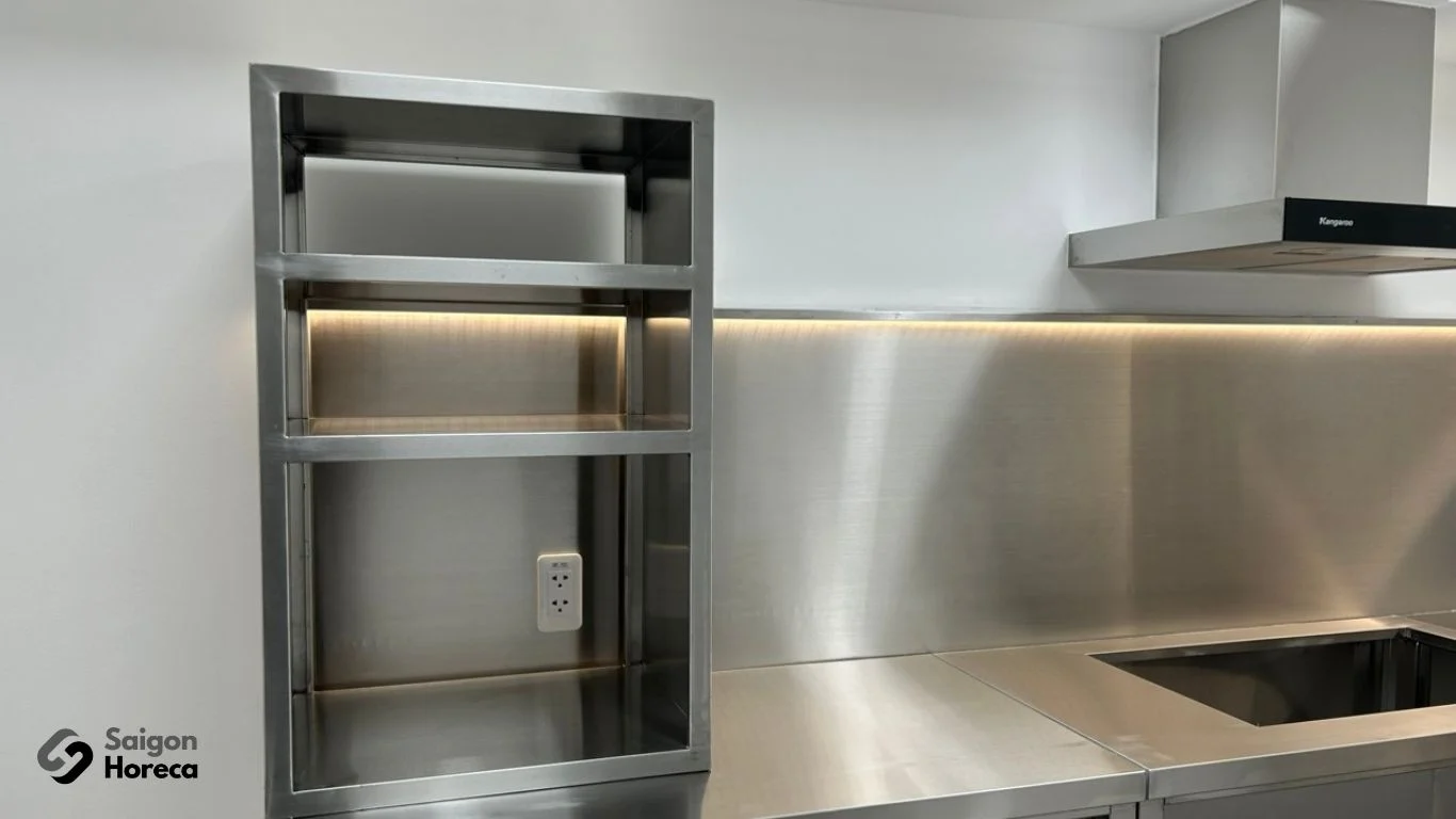 Gleaming stainless steel primary cooking line meeting Japanese industrial standards at Nichiyo canteen executed by Saigon Horeca