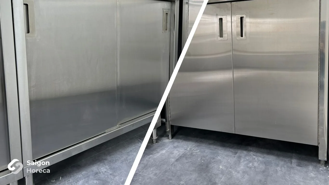 Close-up of custom industrial stainless steel sliding and hinged storage cabinets in Nichiyo canteen kitchen fabricated by Saigon Horeca