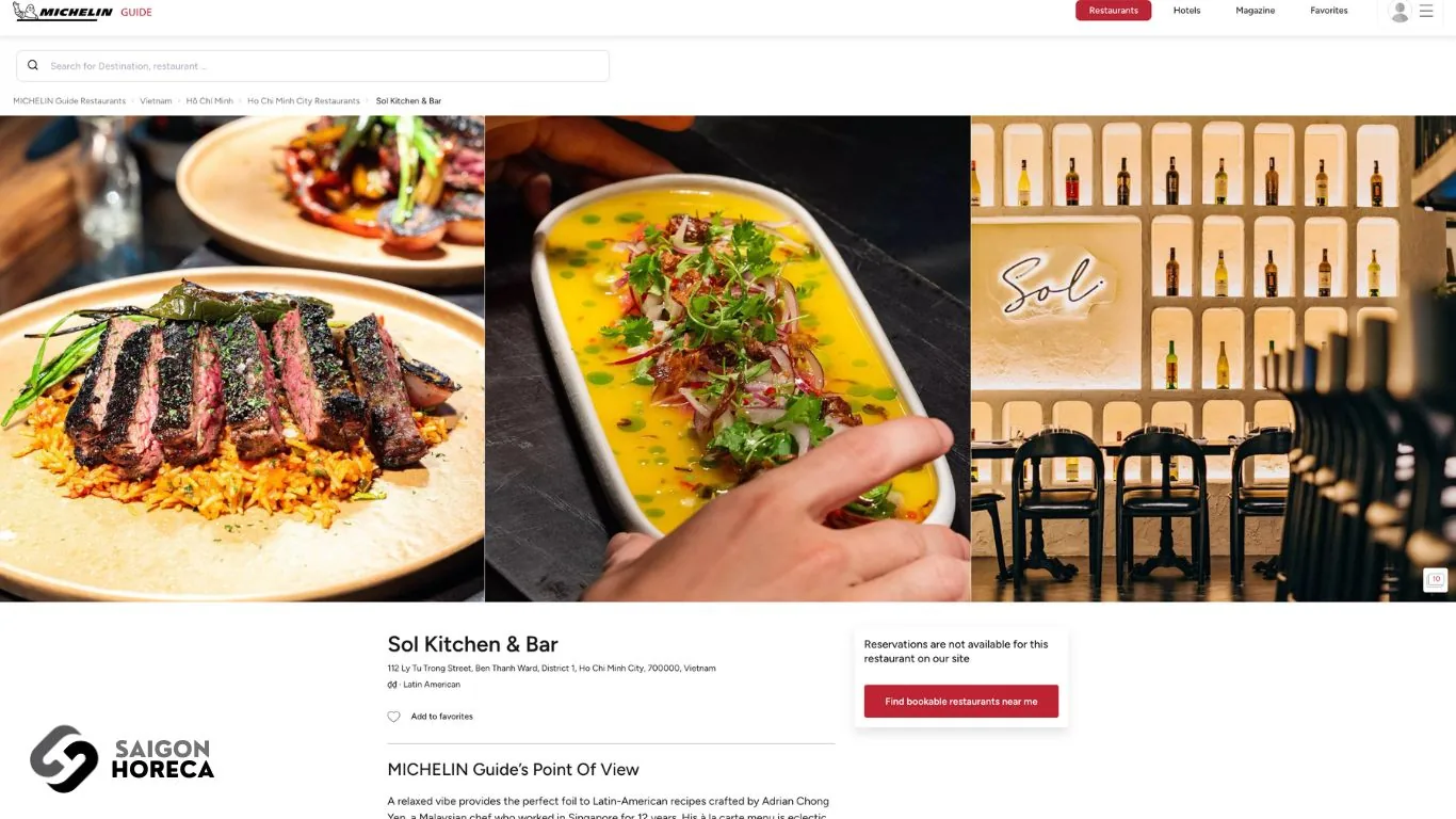 Michelin Guide Vietnam feature on Sol Kitchen & Bar highlighting signature Latin dishes: grilled beef tenderloin on turmeric rice, yellow pepper ceviche, and the custom Sol-engraved bar corner.