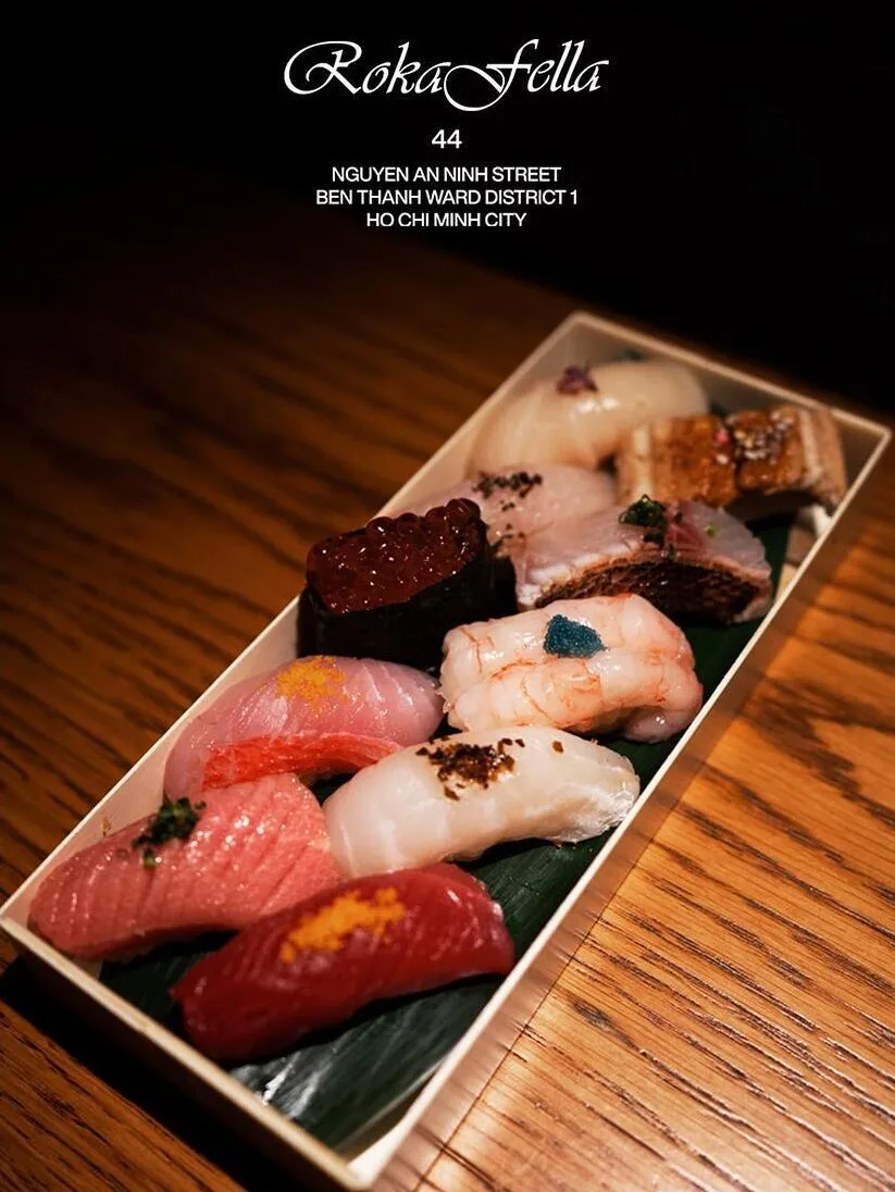 Premium Otoro bluefin tuna and sweet shrimp (Amaebi) nigiri sushi platter at Roka Fella.