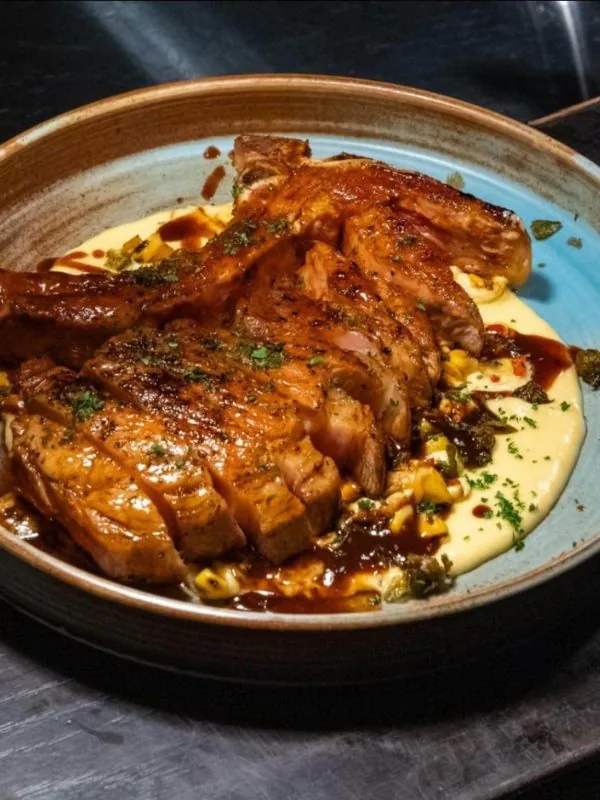 Sliced grilled meat paired with creamy sweet corn sauce and charred corn ribs, drizzled with savory demi-glace glaze in a handcrafted ceramic bowl at Sol Kitchen & Bar