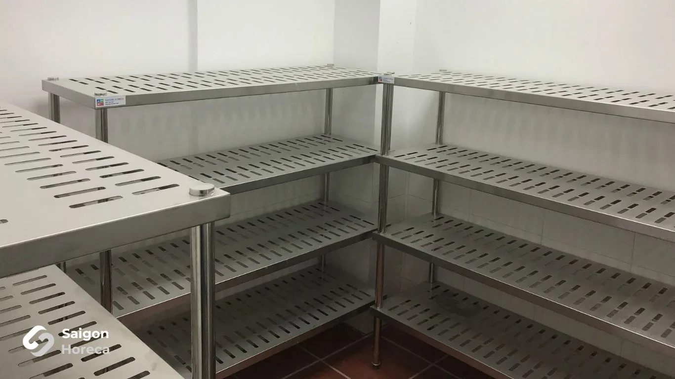 Heavy-duty commercial stainless steel racking system in dry storage