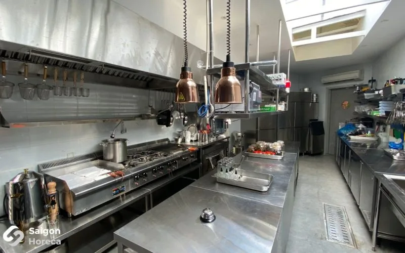 Stainless steel commercial cooking line at The Brix