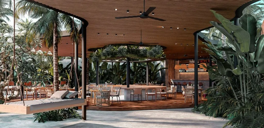 The Brix bar under curved timber louvers with hanging swing beds and tropical greenery