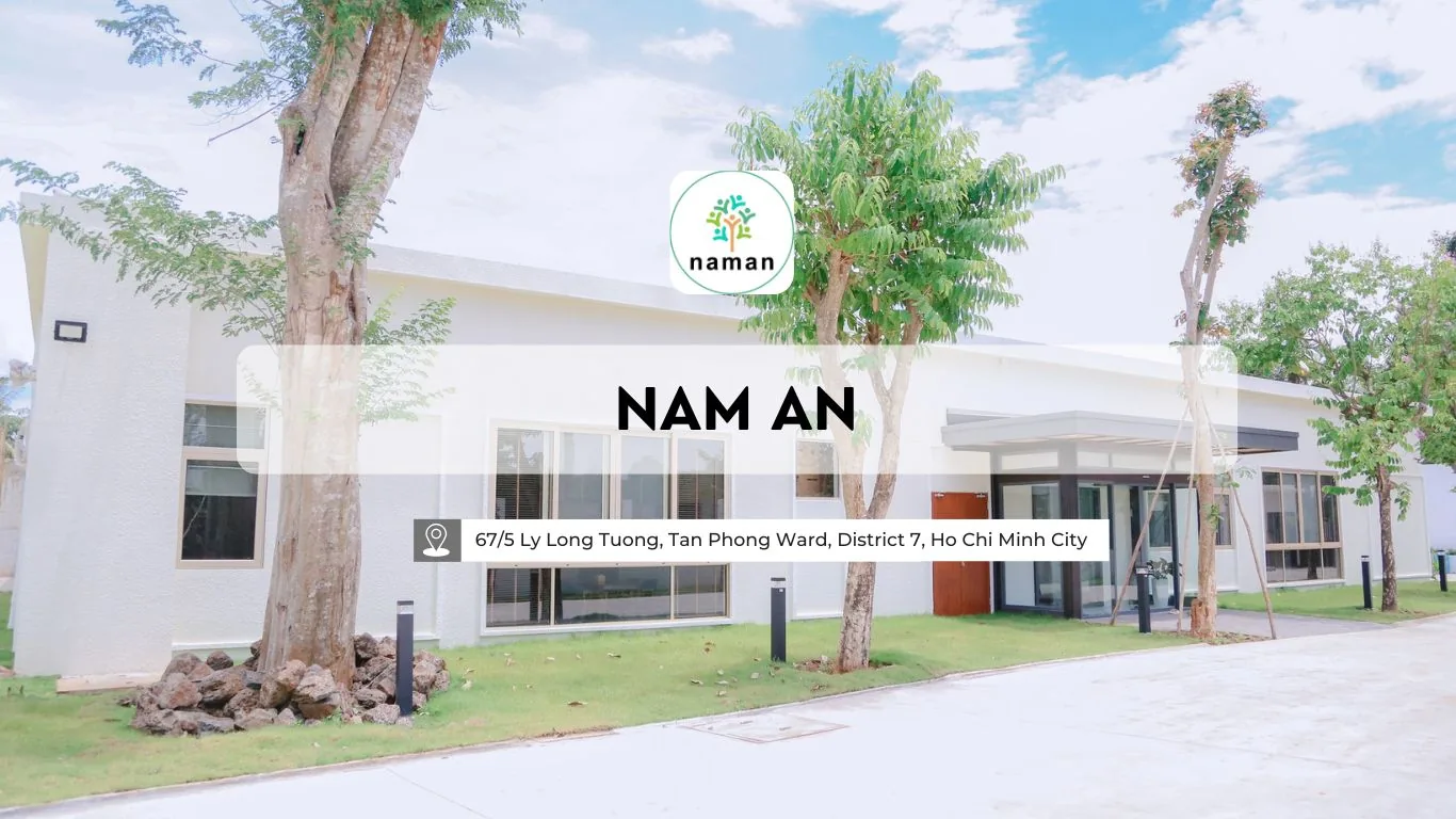 Modern architectural facade and grounds of Nam An Garden Senior Care Facility