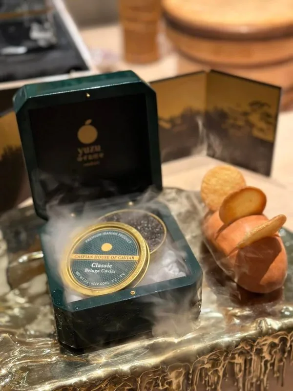 Moss-green presentation casket displaying Beluga caviar tin with dry ice mist on metallic tray